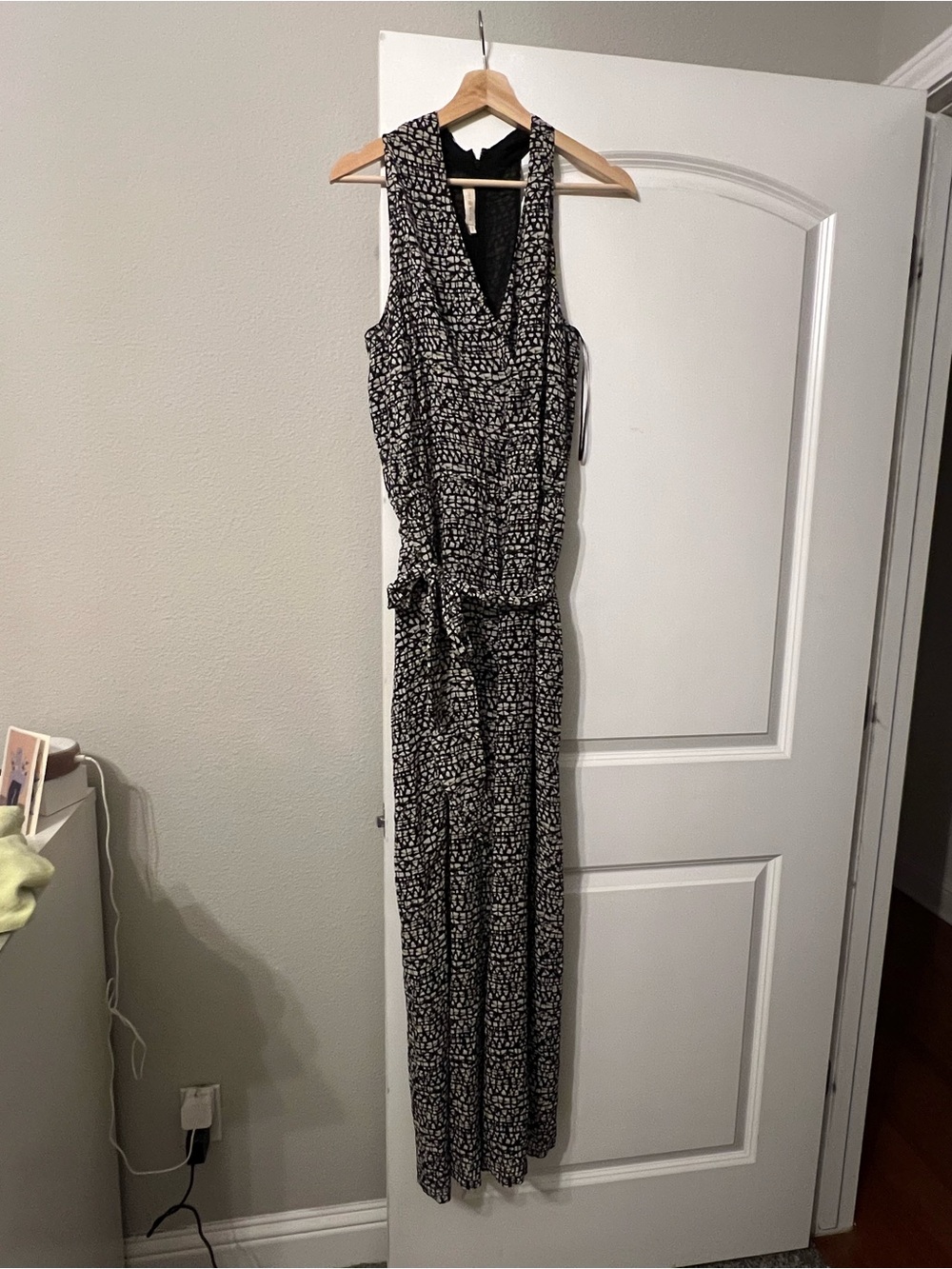 Tory Burch Sleeveless Black & White Geo Printed Wrap Jumpsuit—100% Silk